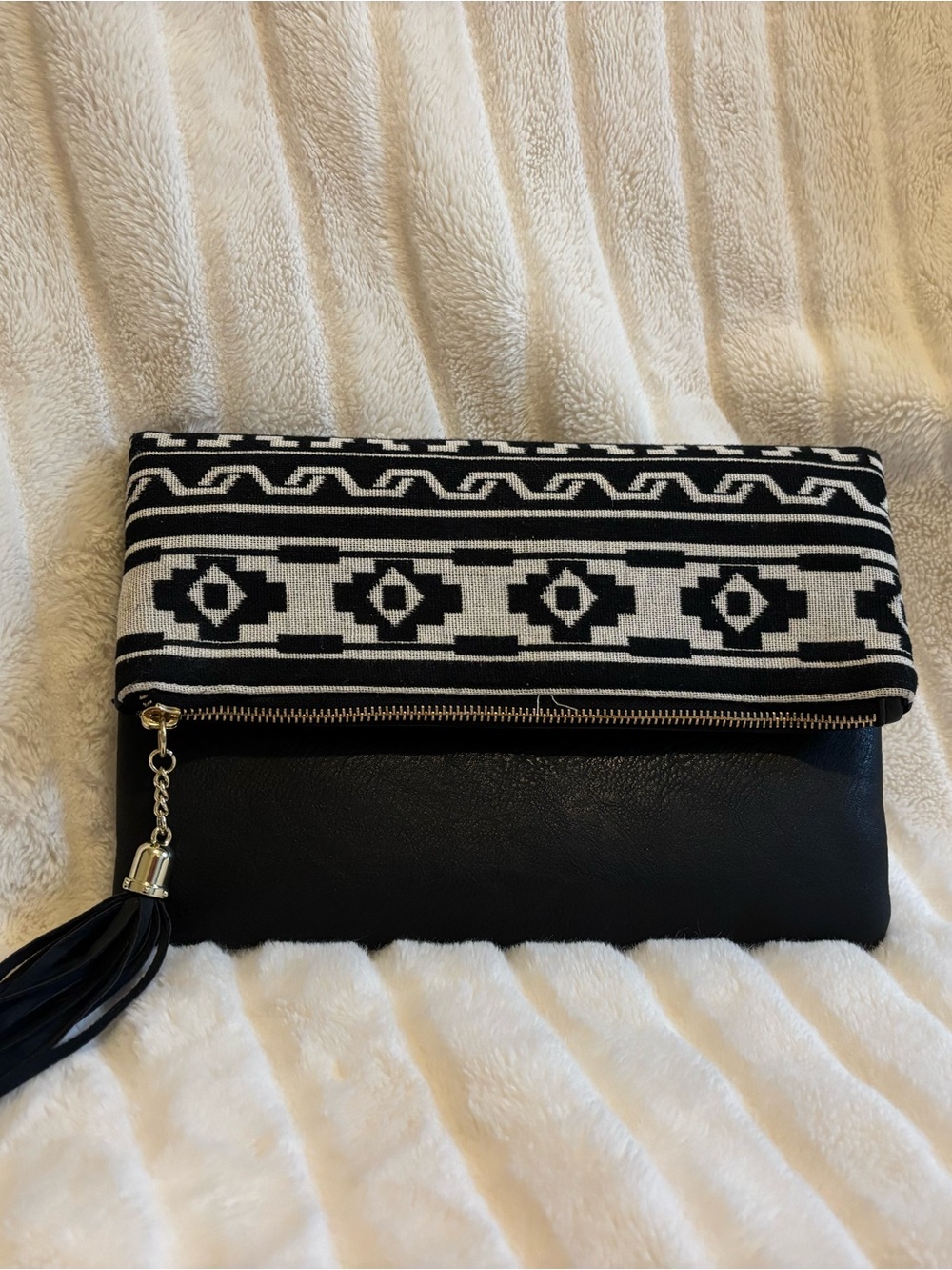 Black & White Fold-Over Clutch with Aztec Pattern